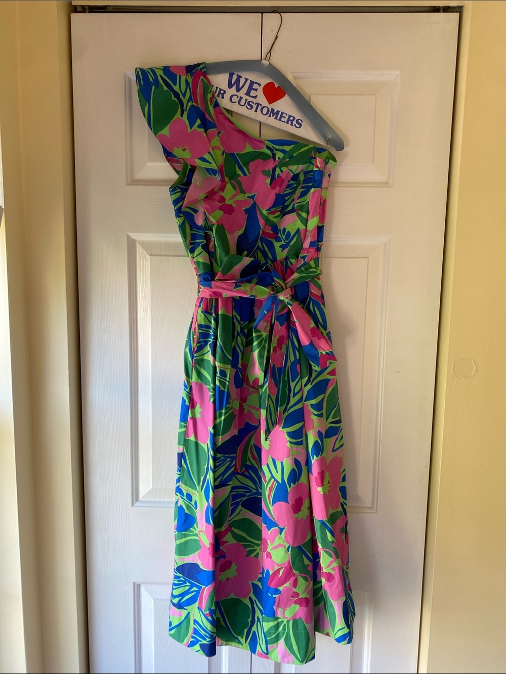 J. Crew Factory One-Shoulder Floral Midi Dress in Pink, Green & Blue